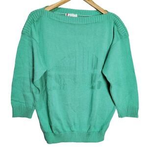 Vintage Nautical Sweater Womens Size XL Blue 80s Knit Sailboat Preppy Neutral